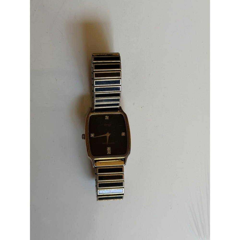 Wittnauer Quartz Watch Mens Black Dial Gold‎ Tone Speidel NOT WORKING  Vintage